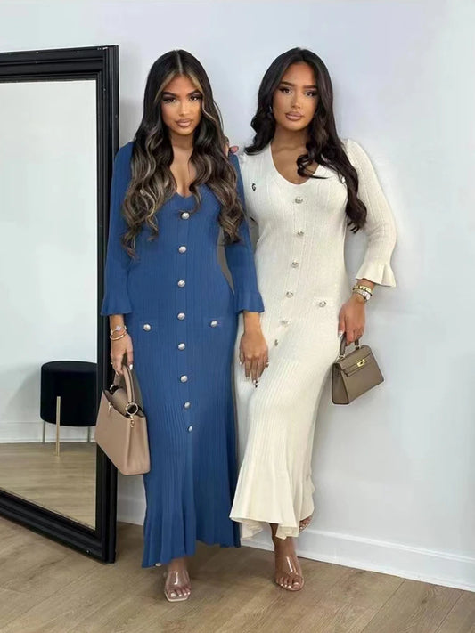 "Robe Longue Elégante tricotée en Col V"