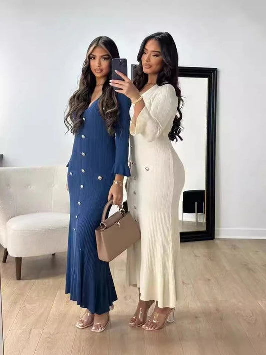 "Robe Longue Elégante tricotée en Col V"